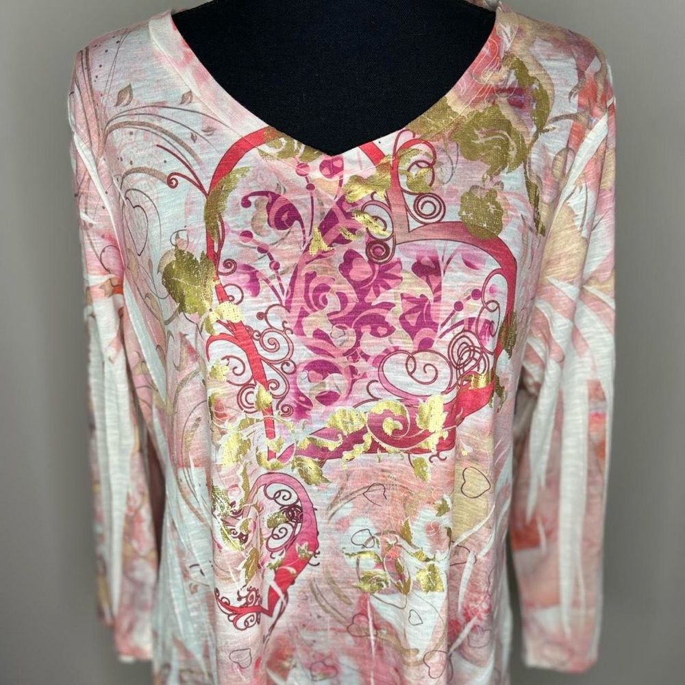Style & Co. Pink and Gold Swirl Long Sleeve Top
